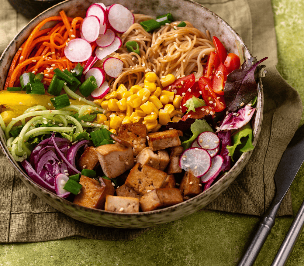 Colourful bowl of gut-friendly food