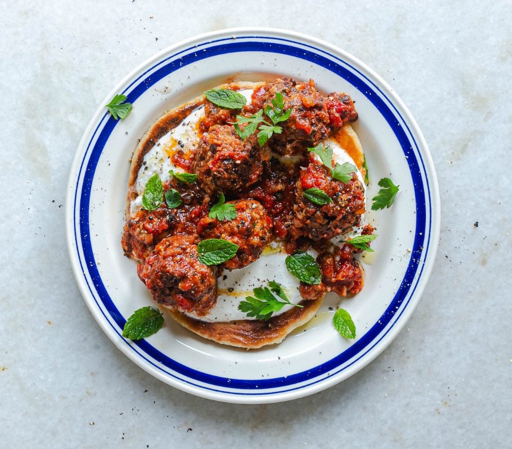 Lamb and lentil meatballs with feta yogurt and flatbreads by Emma Hatcher