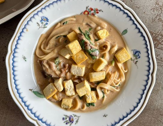 Miso mushroom noodle soup with crispy tofu by Ella Mills