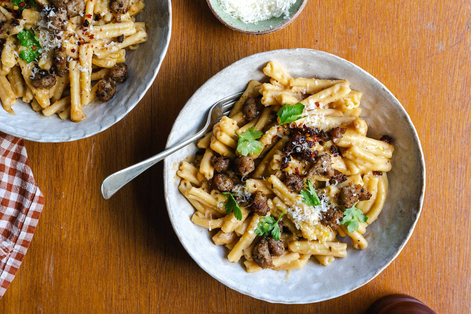 crispy sausage and swede pasta 
