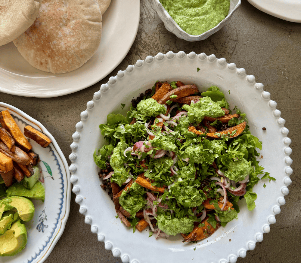 Sweet potato and crispy lentil bowls with coriander & ginger yoghurt
