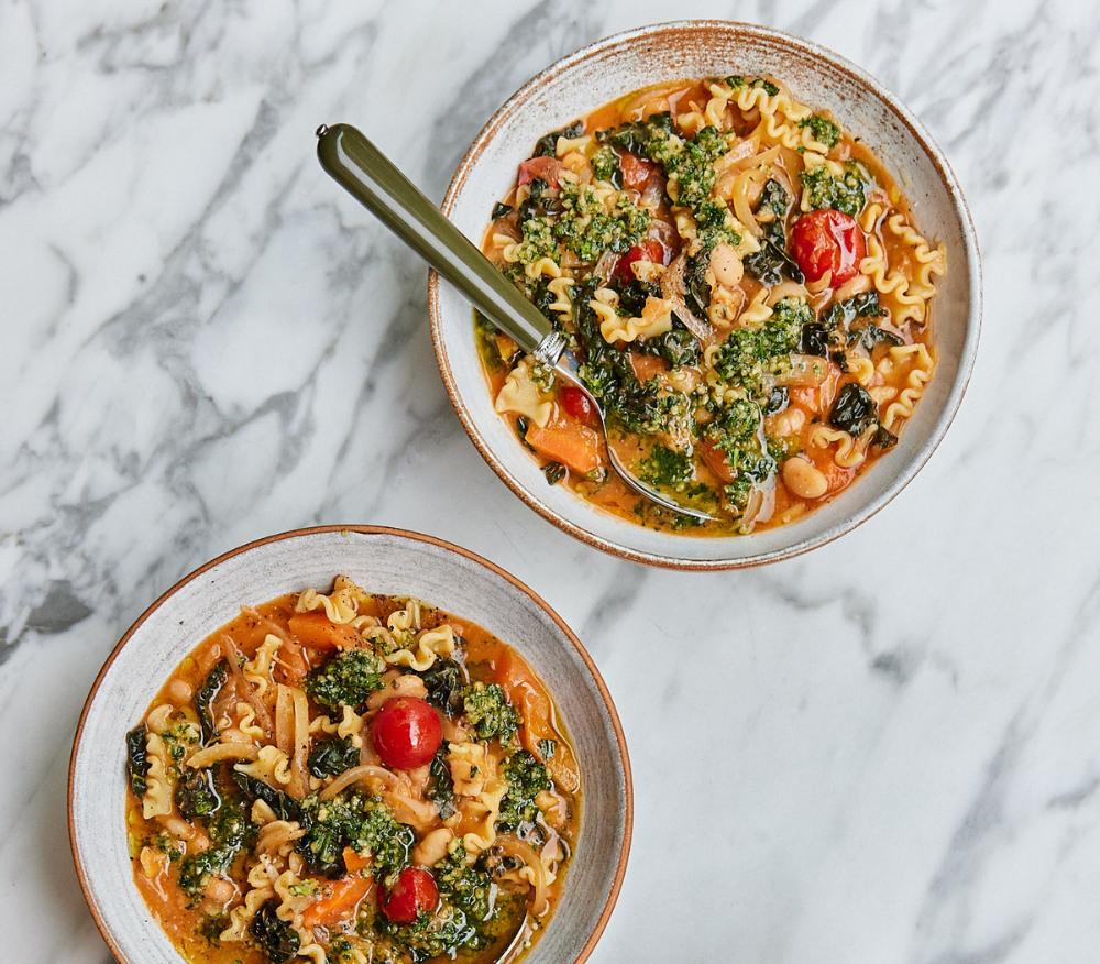 Two big bowls of veggie-packed minestrone
