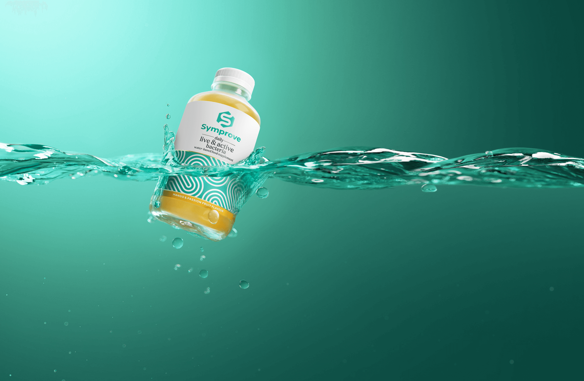 Symprove bottle in water splashing effect